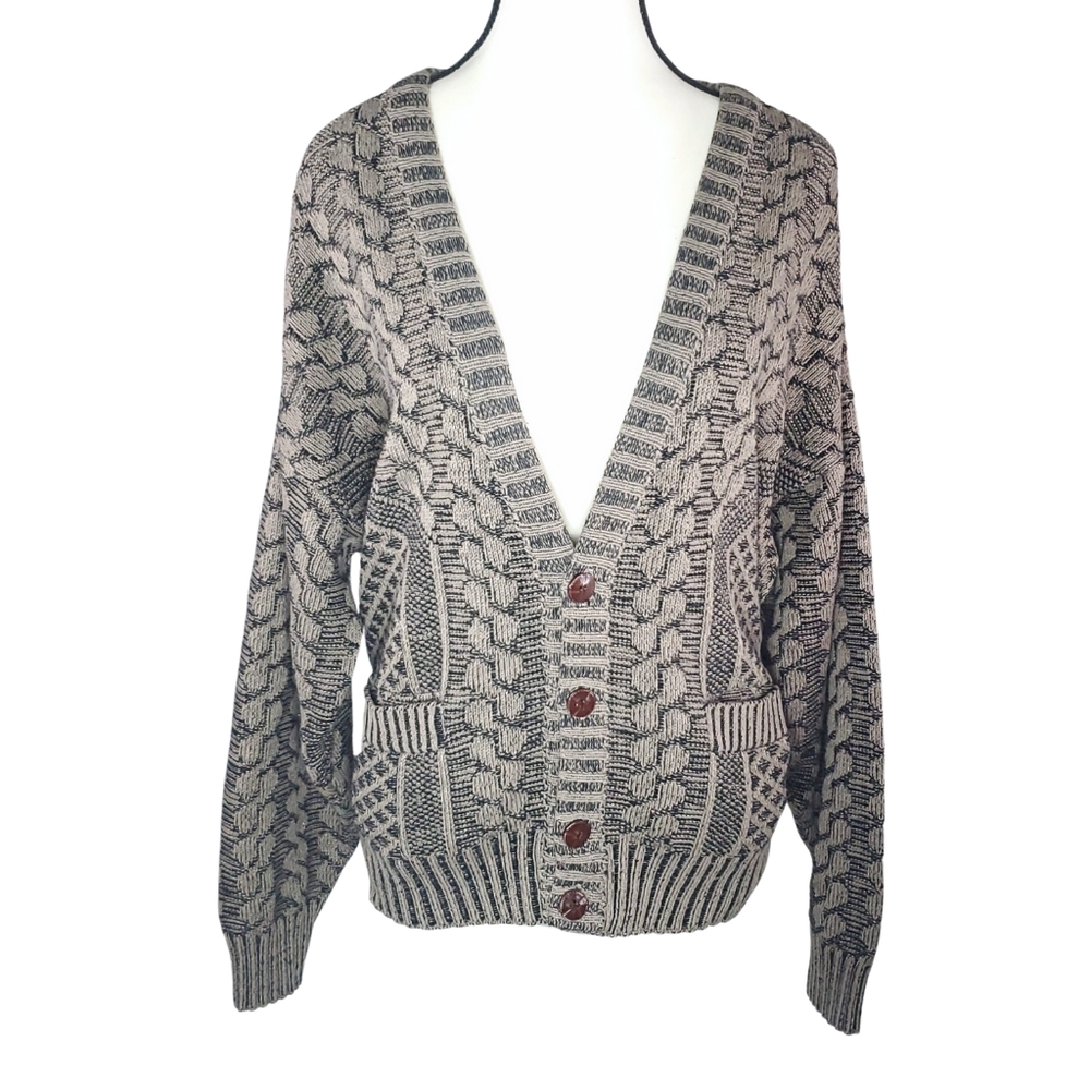 1980's Vintage Celebrity Club XL Brown and Black Cable Knit Cardigan Sweater